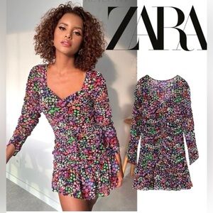 ZARA Floral Multicolour Ruched Bodycon Dress Size S